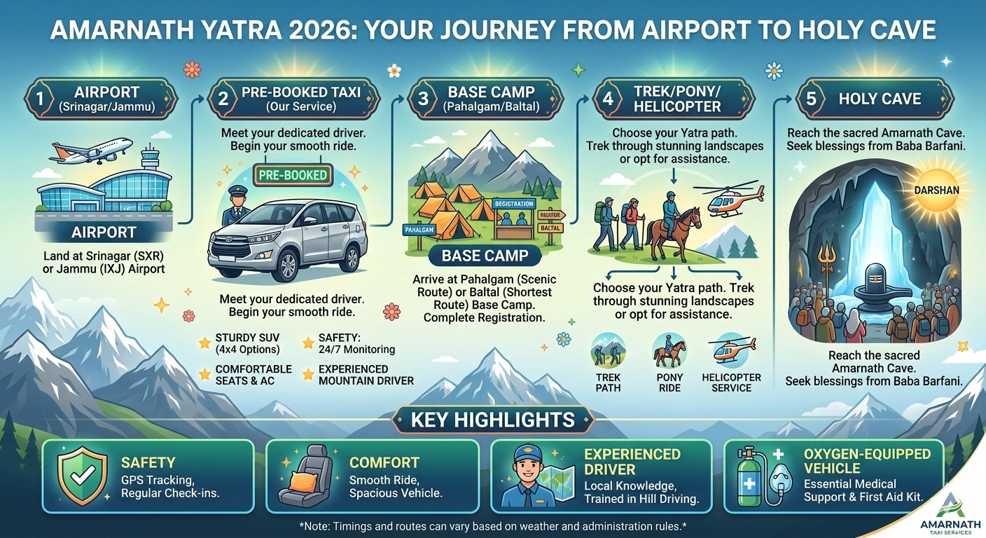 Amarnath Yatra taxi service journey flowchart from airport to holy cave highlighting safety, comfort, and experienced drivers