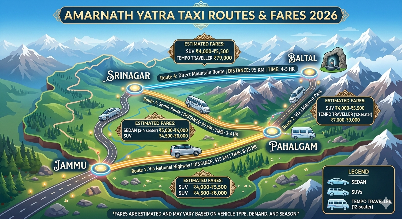  Amarnath Yatra taxi service route map showing Srinagar to Pahalgam (₹3,500-5,500), Jammu to Pahalgam (₹7,500-12,000) with vehicle icons and travel times