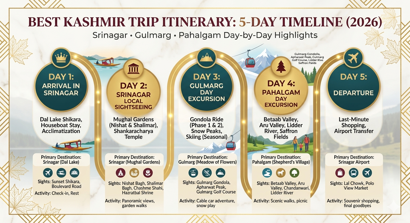Best Kashmir Trip Itinerary 2026: 5-7 Day Perfect Plans | Nature Connect Travels 8 Best Kashmir trip itinerary 5-day timeline showing Srinagar, Gulmarg, Pahalgam with day-by-day highlights