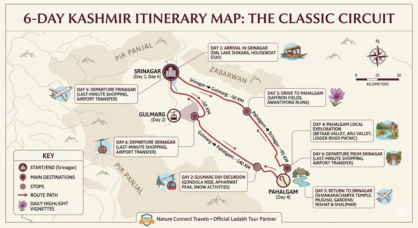 Best Kashmir Trip Itinerary 2026: 5-7 Day Perfect Plans | Nature Connect Travels 9 Best Kashmir trip itinerary 6-day route map showing Srinagar to Gulmarg to Pahalgam with distances and key stops