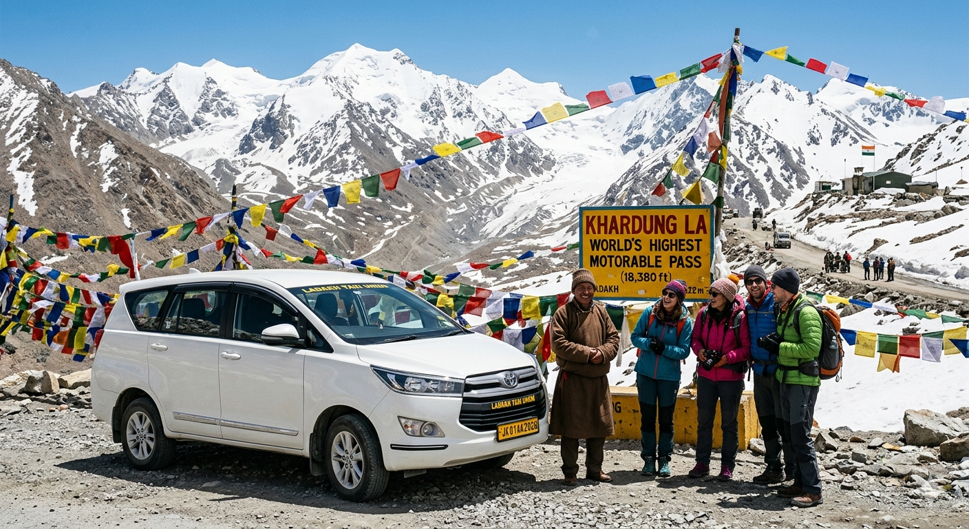 Best Taxi Service in Ladakh 2026: Top Drivers & Reliable Cabs 7 Best taxi service in Ladakh 2026 - award-winning driver with clean SUV at Khardung La pass