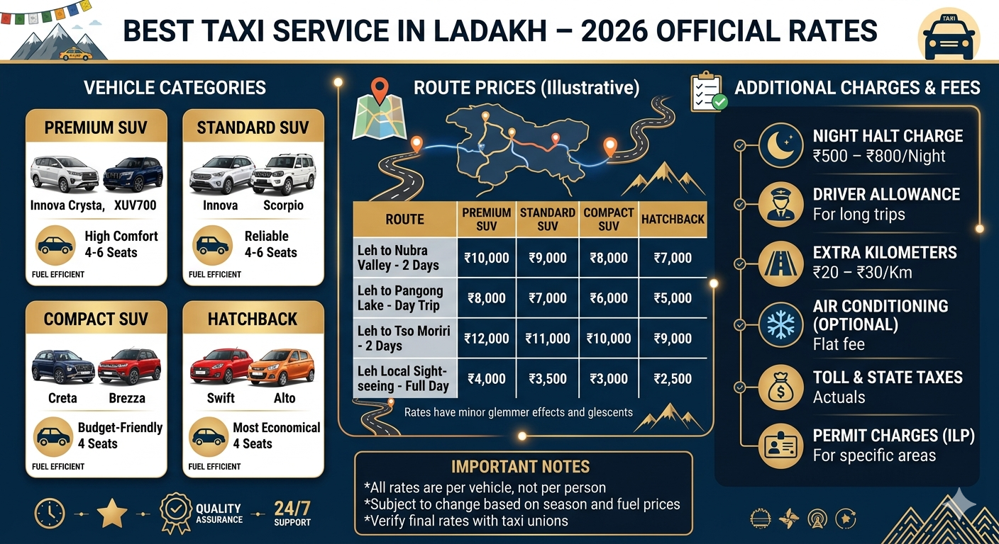 Best Taxi Service in Ladakh 2026: Top Drivers & Reliable Cabs 10 Best taxi service in Ladakh 2026 official rates with vehicle categories A+ Luxury to C Economy, route prices for Nubra Pangong Tso Moriri, and additional charges night halt ₹385 AC ₹9km