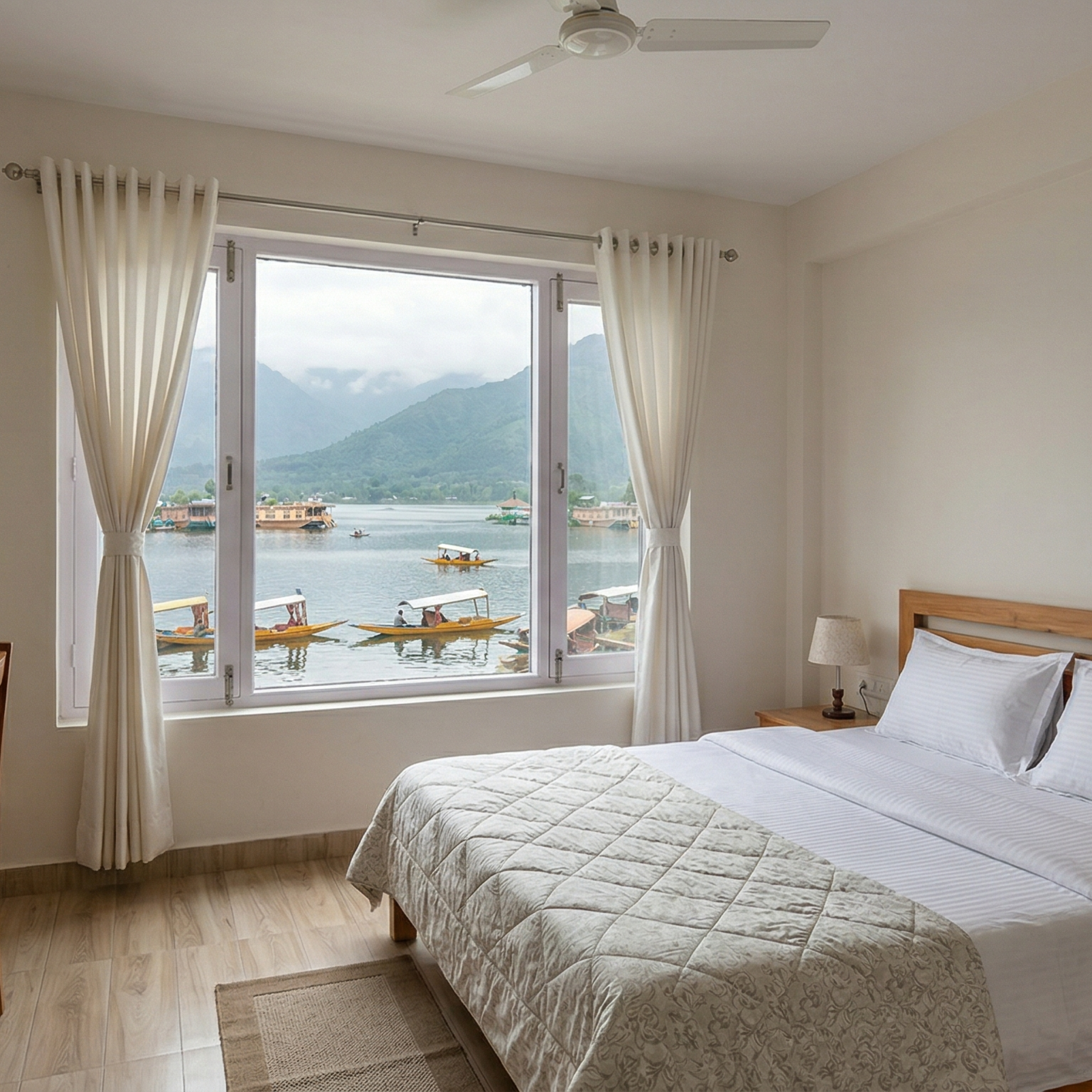 Cheap hotel booking in Kashmir 2026 - budget guestroom with Dal Lake view
