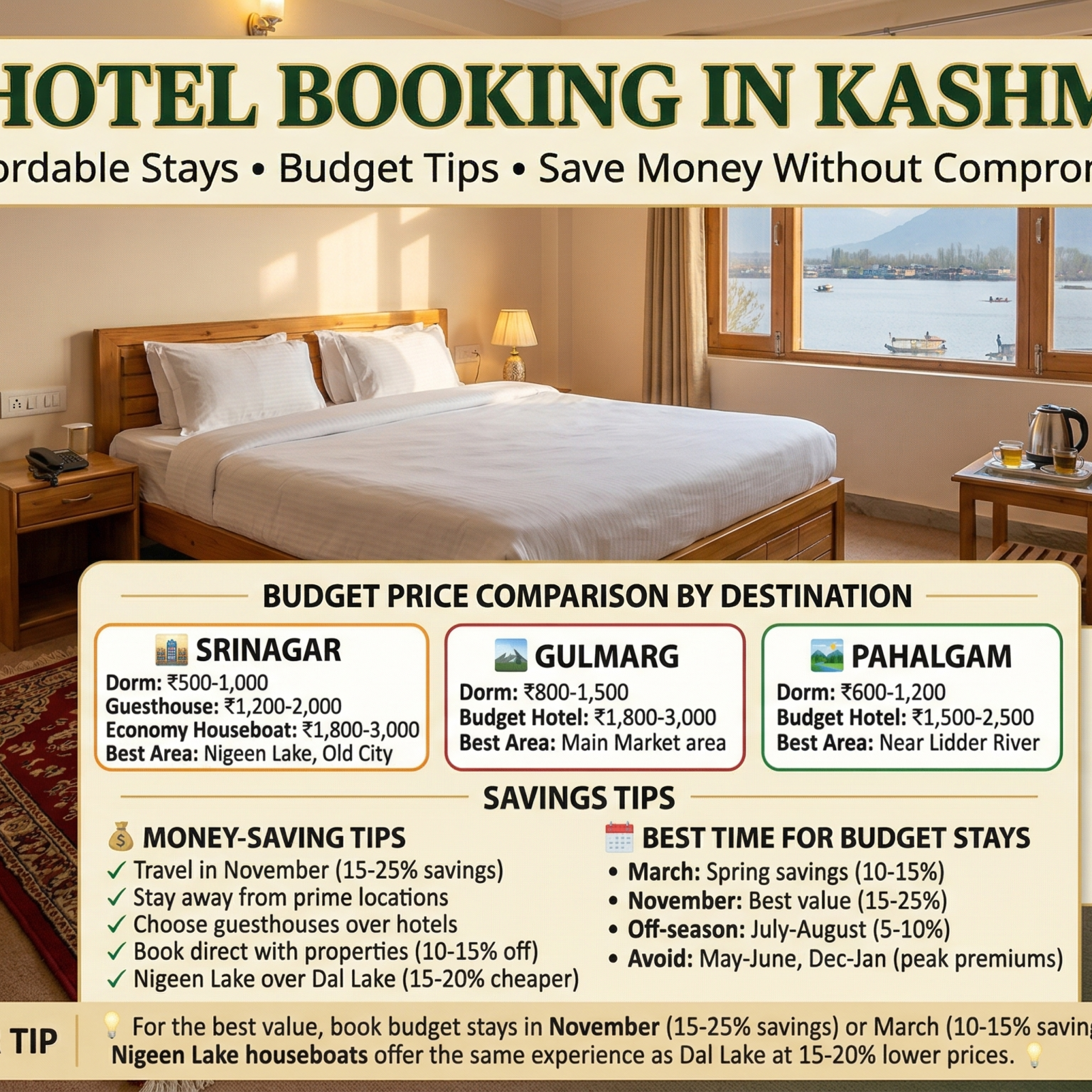 Cheap hotel booking in Kashmir 2026 budget guide with cozy budget room view showing Srinagar prices dorm ₹500-1K guesthouse ₹1.2K-2K economy houseboat ₹1.8K-3K, Gulmarg dorm ₹800-1.5K budget hotel ₹1.8K-3K, Pahalgam dorm ₹600-1.2K budget hotel ₹1.5K-2.5K, savings tips travel November 15-25% off stay away from prime locations book direct Nigeen Lake cheaper, best time for budget stays March 10-15% November 15-25% July-August 5-10% avoid peak, budget stay checklist cleanliness heating hot water location breakfast cancellation