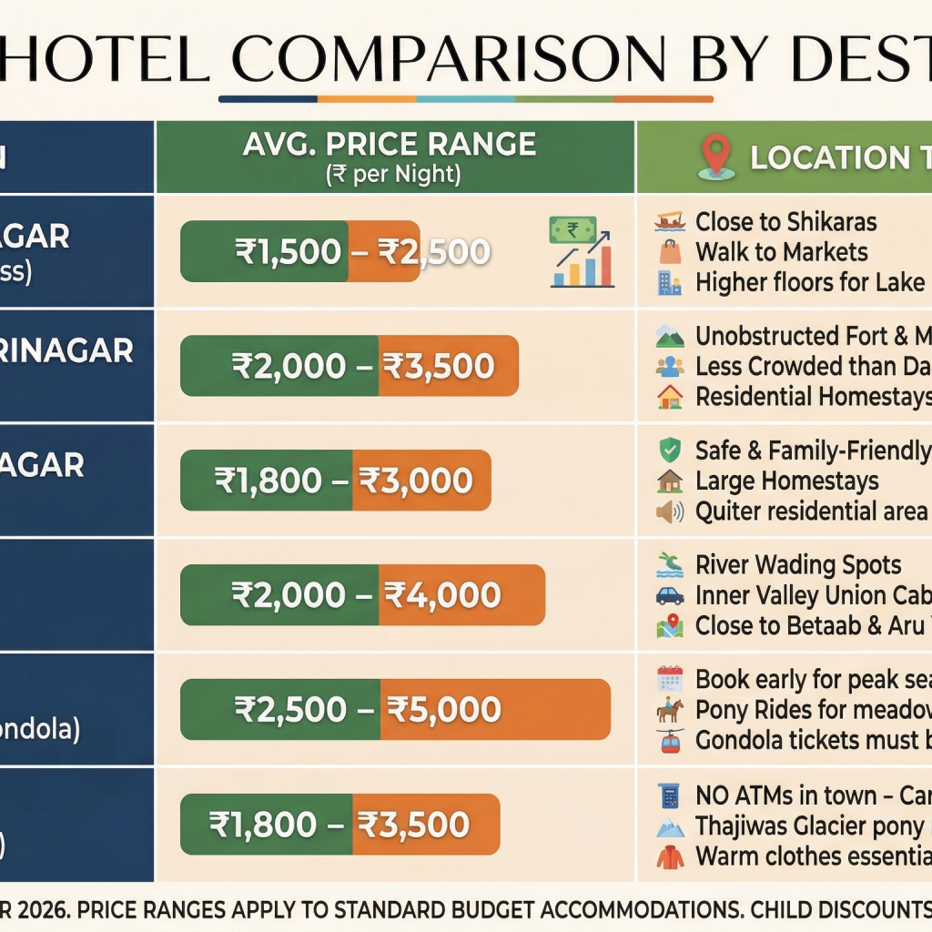 Cheap hotel booking in Kashmir comparison chart with budget prices for Srinagar, Gulmarg, Pahalgam, and Sonamarg