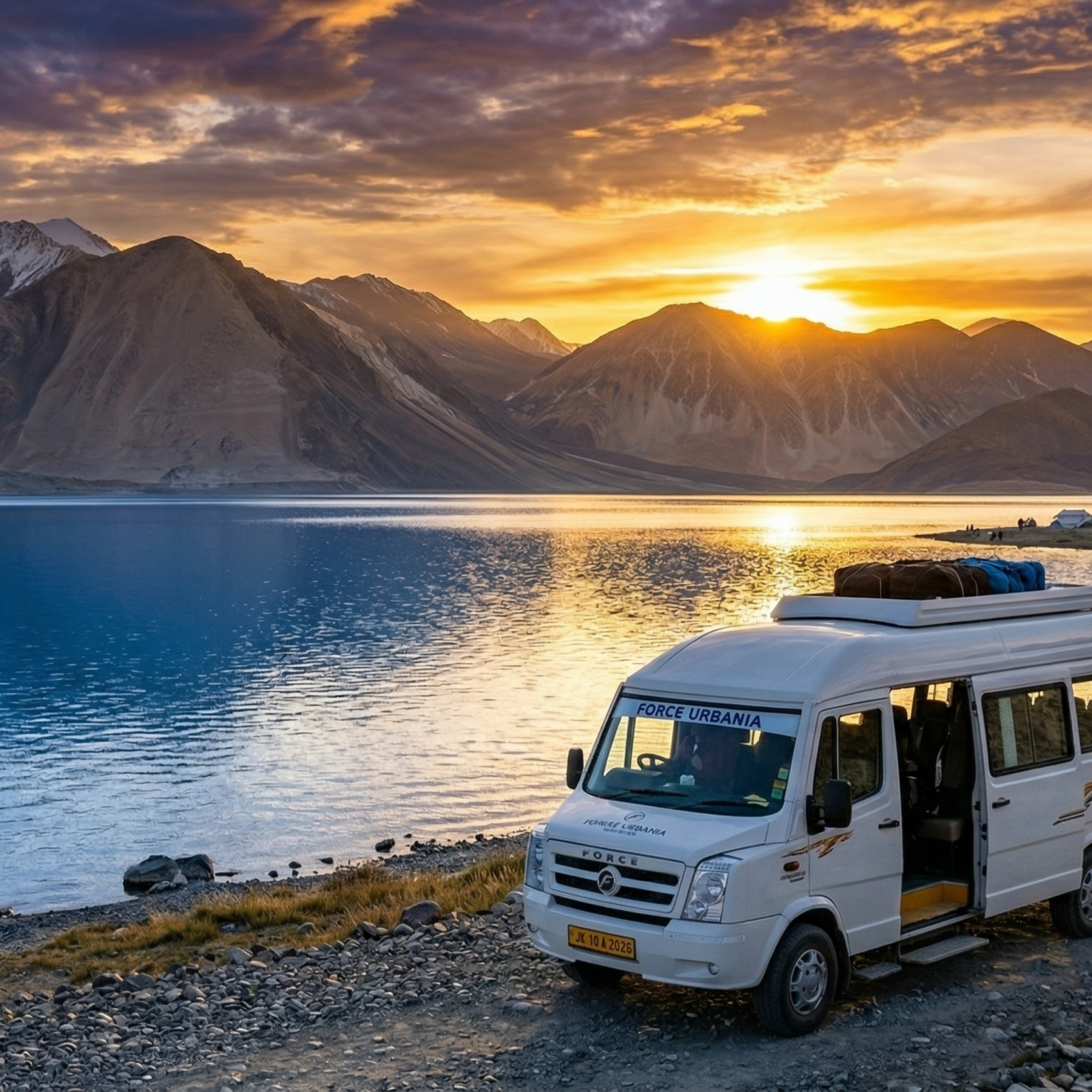 Force Urbania Hire Leh Ladakh 2026: Luxury Cab Booking 10 Force Urbania hire Leh Ladakh - luxury van at Pangong Tso lake with Himalayan backdrop