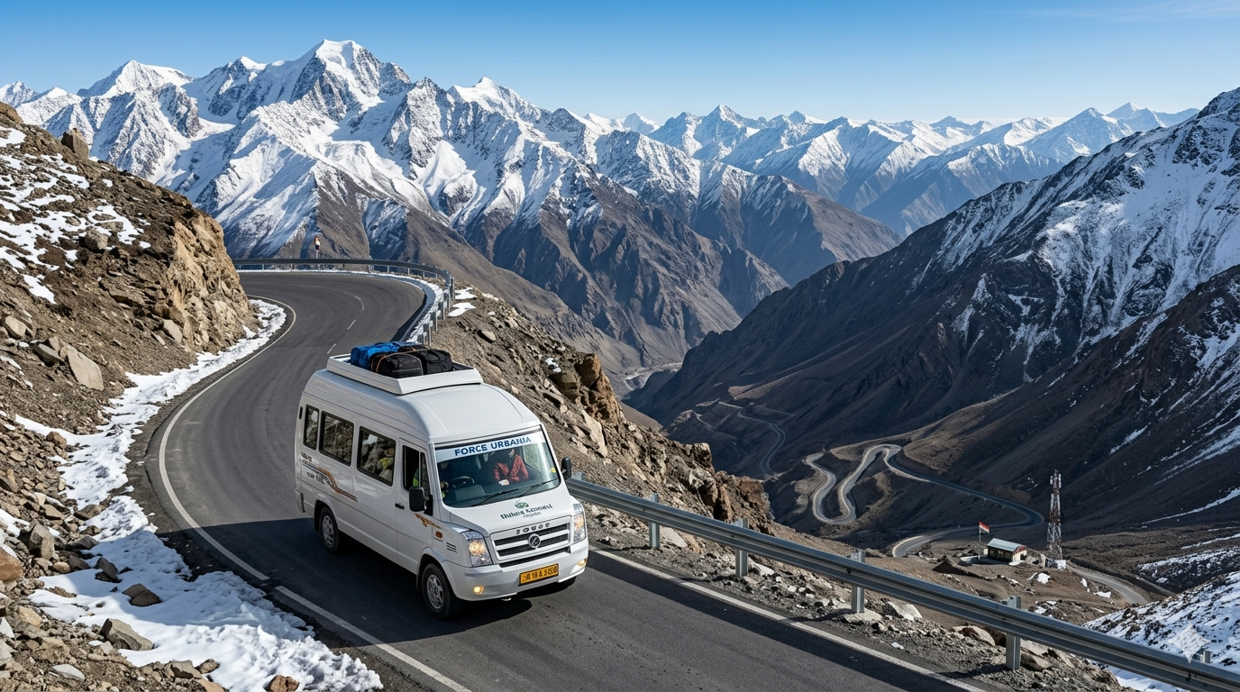 Force Urbania Hire Leh Ladakh 2026: Luxury Cab Booking 8 Force Urbania hire Leh Ladakh navigating high altitude mountain roads with stability control