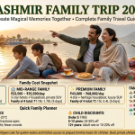 Kashmir family trip 2026 guide with happy family on Dal Lake shikara showing budget family ₹13K-20K/day total ₹65K-1L, mid-range family ₹23.5K-35.5K/day total ₹1.18L-1.78L, premium family ₹43K-68K/day total ₹2.15L-3.4L for 5 days, best time for families spring summer autumn, child discounts under 5 free 5-12 years 25-50% off, family-friendly activities shikara Gondola pony rides gardens picnic snow play