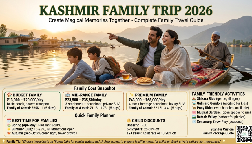 Kashmir family trip 2026 guide with happy family on Dal Lake shikara showing budget family ₹13K-20K/day total ₹65K-1L, mid-range family ₹23.5K-35.5K/day total ₹1.18L-1.78L, premium family ₹43K-68K/day total ₹2.15L-3.4L for 5 days, best time for families spring summer autumn, child discounts under 5 free 5-12 years 25-50% off, family-friendly activities shikara Gondola pony rides gardens picnic snow play