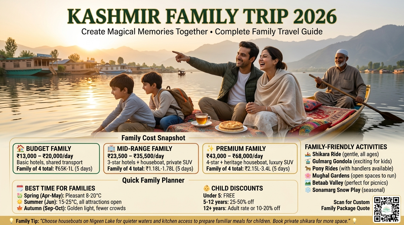 Kashmir family trip 2026 guide with happy family on Dal Lake shikara showing budget family ₹13K-20K/day total ₹65K-1L, mid-range family ₹23.5K-35.5K/day total ₹1.18L-1.78L, premium family ₹43K-68K/day total ₹2.15L-3.4L for 5 days, best time for families spring summer autumn, child discounts under 5 free 5-12 years 25-50% off, family-friendly activities shikara Gondola pony rides gardens picnic snow play