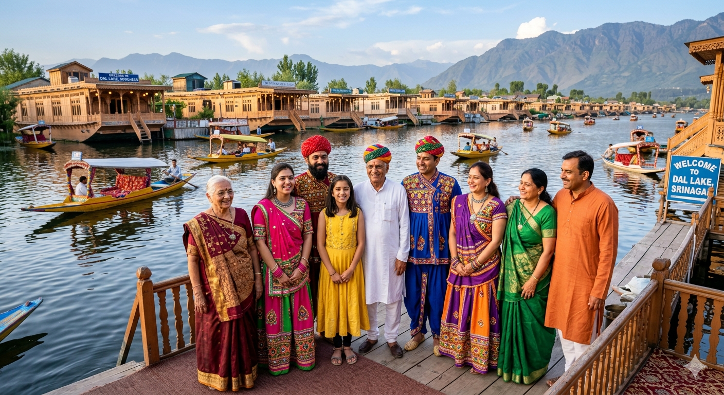 Group tour package from Gujarat to Kashmir 2026 - happy Gujarati group at Dal Lake with houseboats