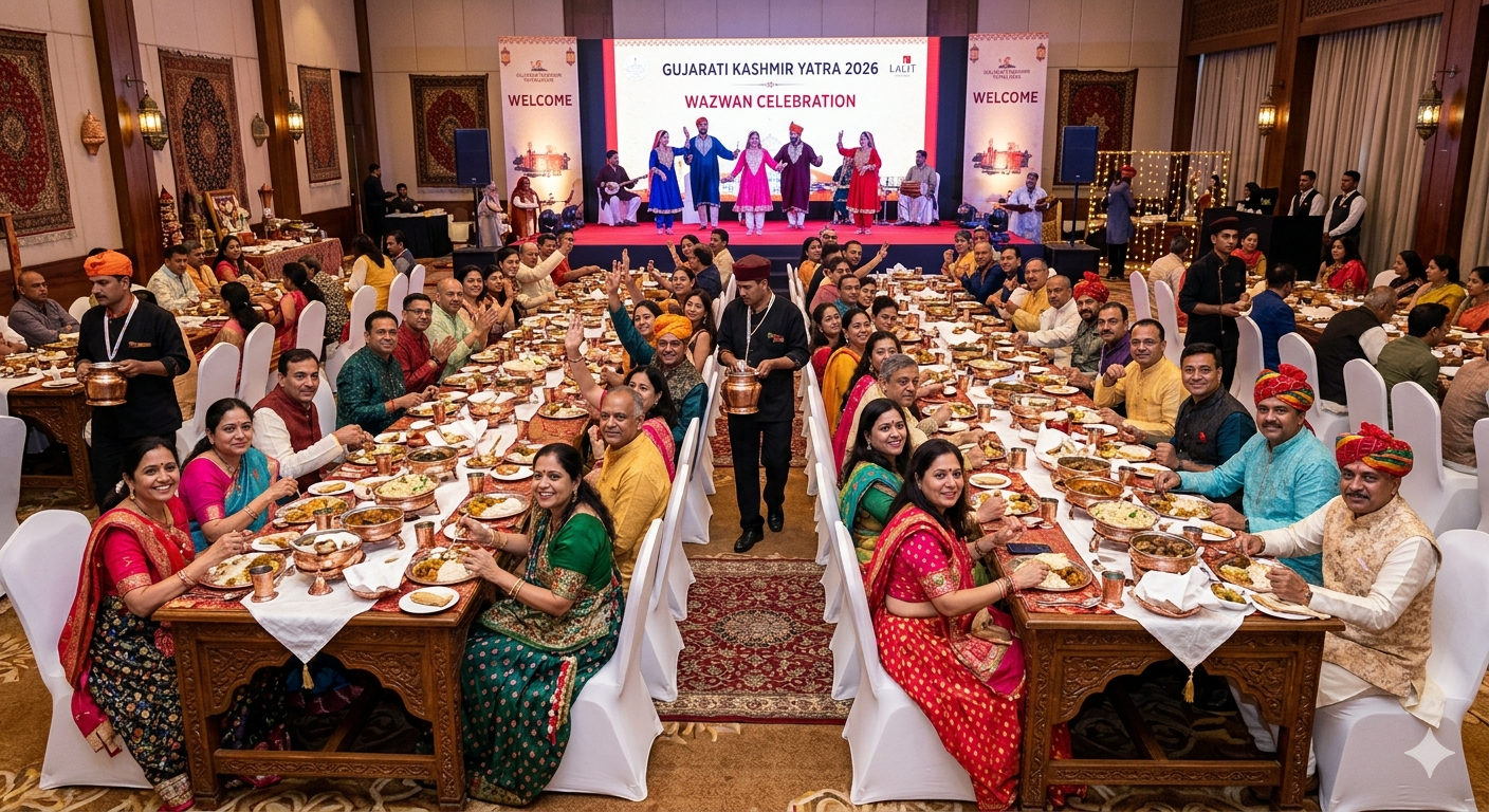 Group tour package from Gujarat to Kashmir - Gujarati group enjoying Wazwan dinner with cultural performance