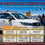 Innova Crysta Leh Ladakh trip 2026 guide with white vehicle at Khardung La pass showing official taxi rates Leh to Nubra 2 days ₹11,807, Leh to Pangong 1 day ₹10,470 2 days ₹12,464, Leh to Tso Moriri 2 days ₹14,276, package prices 4N5D ₹41,999 per couple, 5N6D ₹48,999 per couple, 6N7D ₹61,000 per couple, trusted drivers list, and key vehicle features