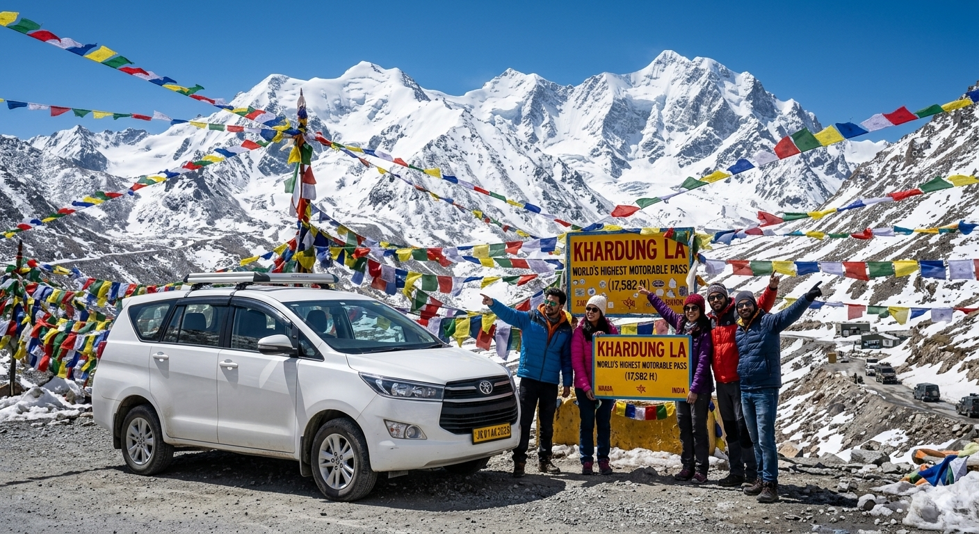 Innova Crysta Leh Ladakh Trip 2026: Complete Guide & Packages 7 Innova Crysta Leh Ladakh trip 2026 - white vehicle at Khardung La pass with travelers and prayer flags