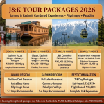 J&K tour packages 2026 comparison infographic showing 5-day Kashmir focus ₹30K-45K, 6-day classic ₹34.5K-48.5K, 7-day complete J&K ₹45K-65K, 8-day Vaishno Devi + Kashmir ₹26,999-55K, with certification checklist and hidden cost warning