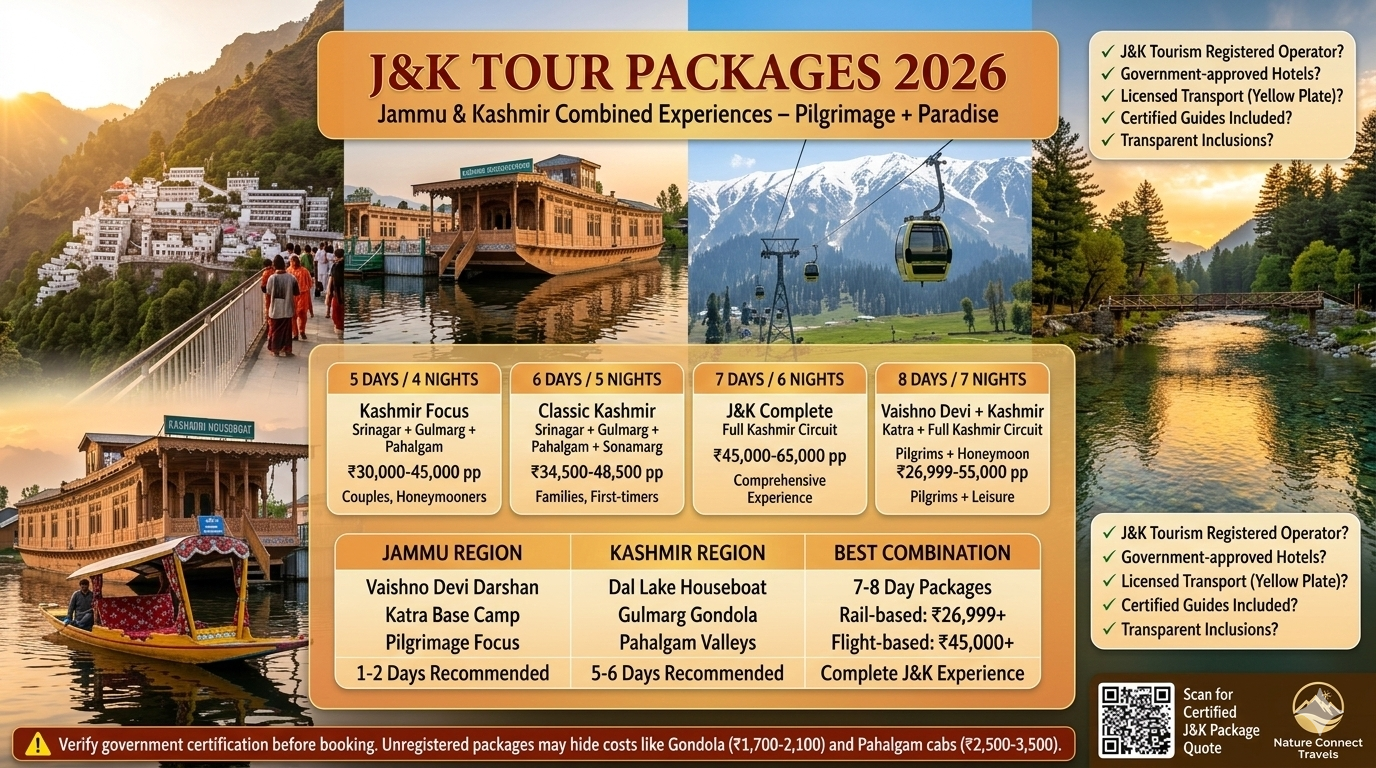 J&K tour packages 2026 comparison infographic showing 5-day Kashmir focus ₹30K-45K, 6-day classic ₹34.5K-48.5K, 7-day complete J&K ₹45K-65K, 8-day Vaishno Devi + Kashmir ₹26,999-55K, with certification checklist and hidden cost warning