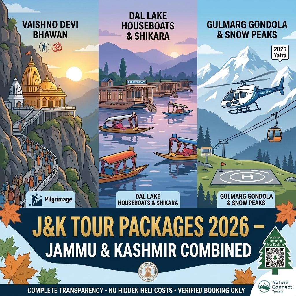 JK tour packages 2026 featuring Vaishno Devi shrine Dal Lake houseboat and Gulmarg Gondola across Jammu and Kashmir