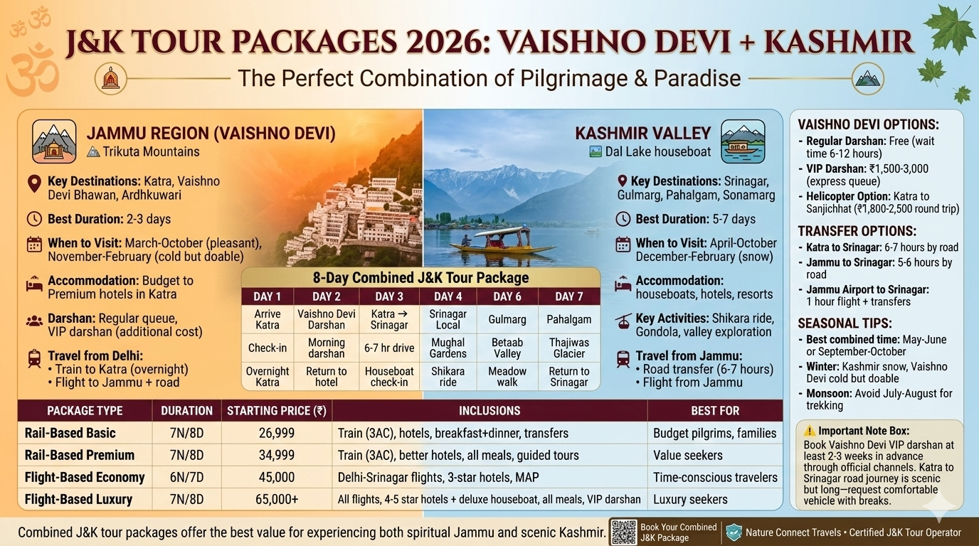 J&K tour packages Vaishno Devi Kashmir combination guide showing 8-day itinerary from Katra to Srinagar, rail-based packages from ₹26,999, flight-based from ₹45,000, with transfer options and seasonal tips