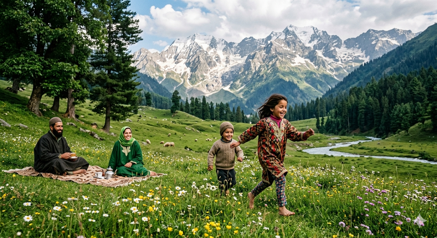 Kashmir family trip 2026 - children playing in Pahalgam meadows with parents, Lidder River and mountains