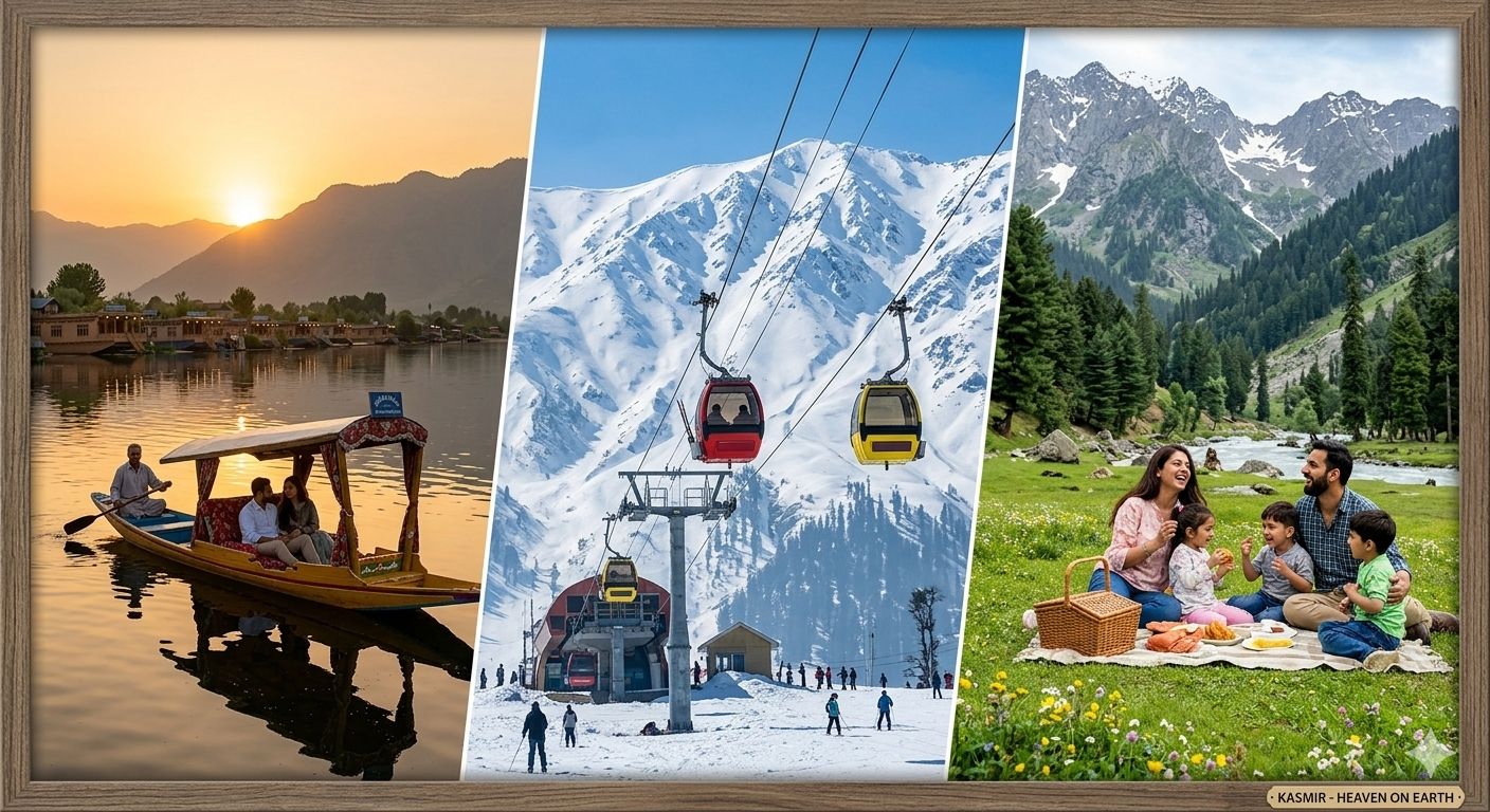 Kashmir holiday tour 2026 featuring Dal Lake shikara, Gulmarg Gondola, and Pahalgam meadows with houseboat