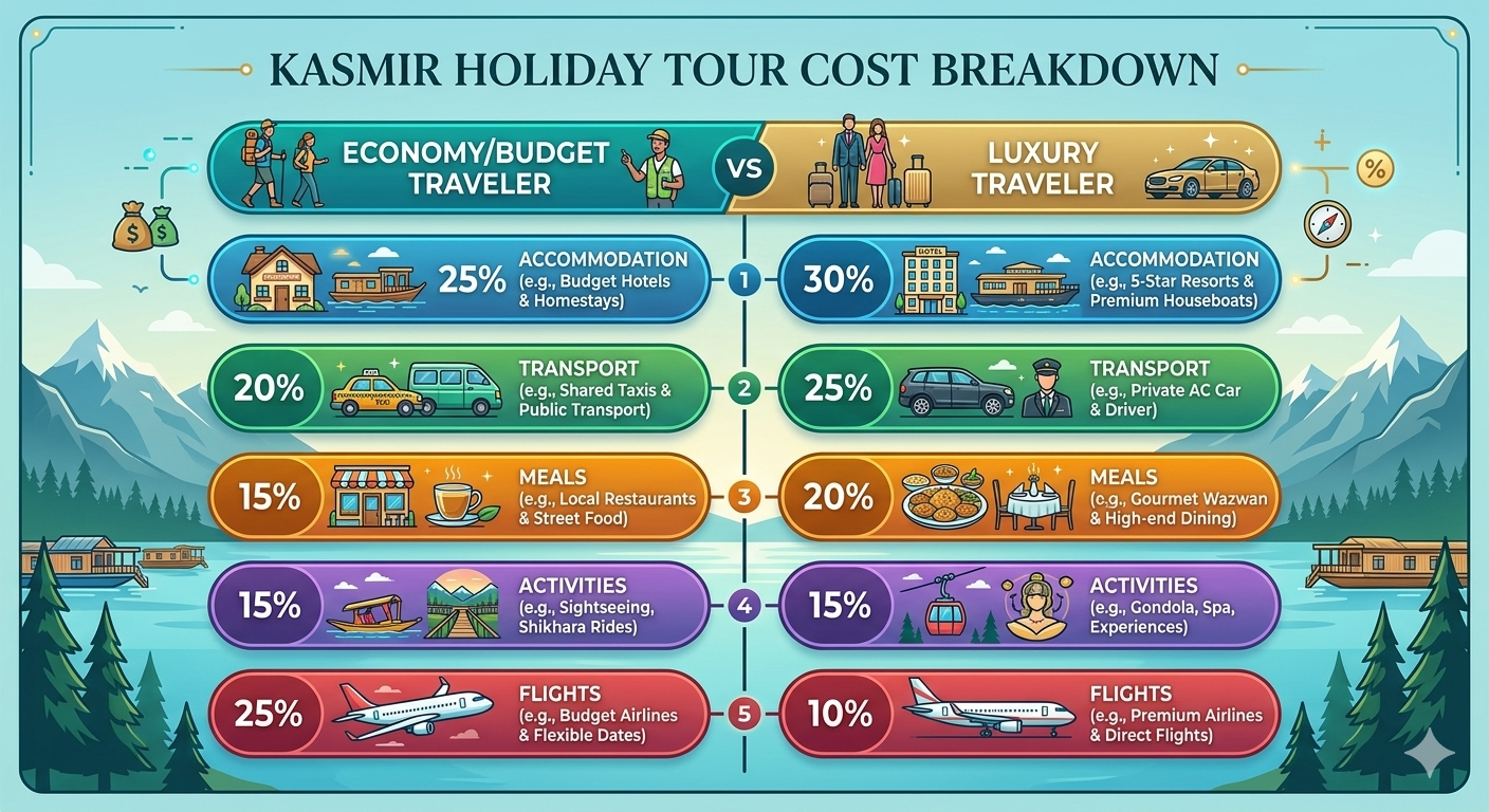 Kashmir holiday tour cost breakdown 2026 showing budget, mid-range, and luxury options for couples, families, and groups