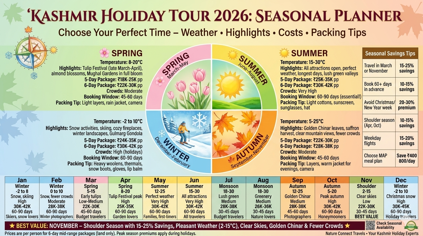 Kashmir holiday tour seasonal planner showing spring Mar-May ₹18K-30K 8-20°C tulip festival, summer Jun-Aug ₹25K-42K 15-30°C all attractions, autumn Sep-Nov ₹22K-38K 5-25°C golden Chinar saffron harvest, winter Dec-Feb ₹24K-45K -2-10°C snow skiing, monthly price grid Jan-Dec, November best value 15-25% savings, booking windows 30-90 days, and seasonal packing tips