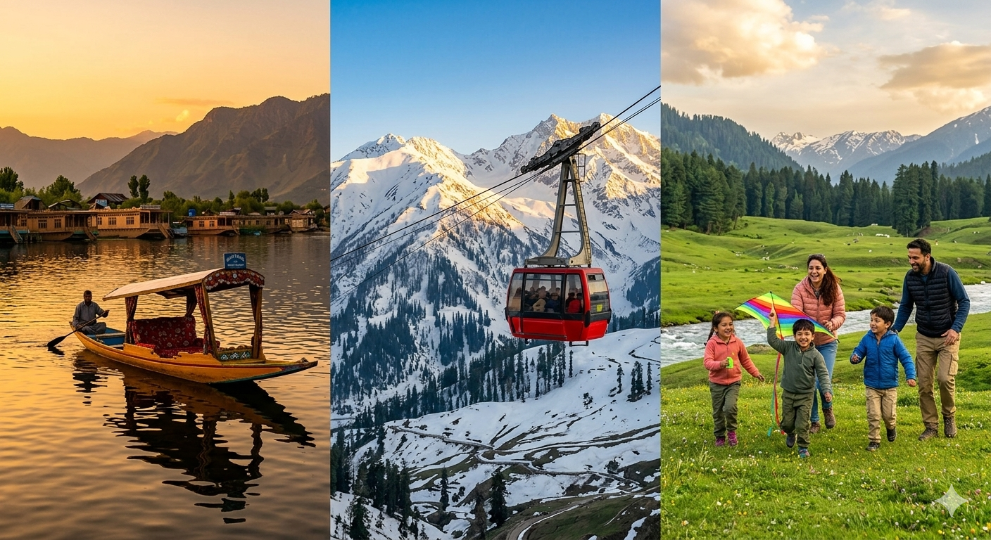 Kashmir holiday trip 2026 featuring Dal Lake shikara, Gulmarg Gondola, and Pahalgam meadows