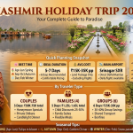 Kashmir holiday trip 2026 planning guide with panoramic view of Dal Lake, Mughal Gardens, Gulmarg Gondola, and Pahalgam valley showing best time