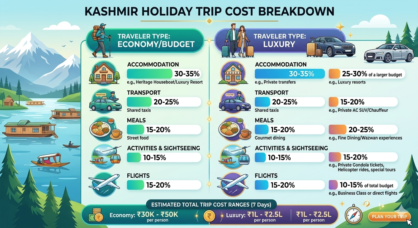 Kashmir holiday trip cost breakdown 2026 showing budget, mid-range, and luxury options for couples, families, and groups