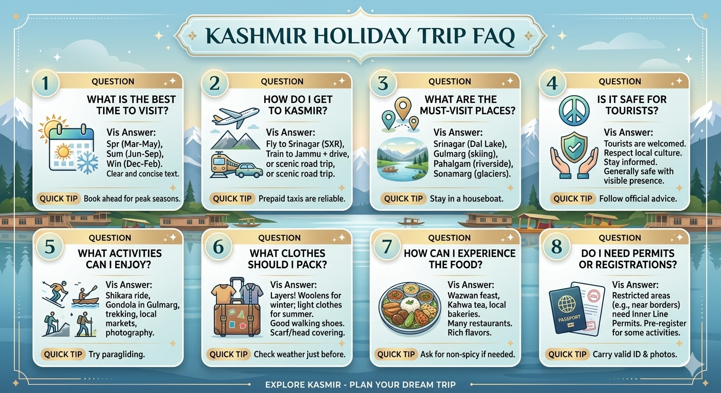 Kashmir holiday trip frequently asked questions with visual answers about best time duration cost packing and booking
