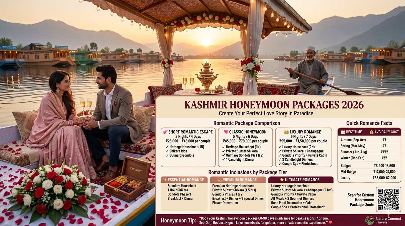 Kashmir honeymoon packages 2026 guide with romantic couple on private shikara at Dal Lake sunset showing Short Romantic Escape 3N4D ₹28K-45K, Classic Honeymoon 5N6D ₹45K-70K, Luxury Romance 6N7D ₹95K-1.5L, romantic inclusions comparison Essential Premium Ultimate, best time autumn spring summer winter, average daily costs budget ₹8.5K-13.5K mid-range ₹17K-27.5K luxury ₹33K-62K