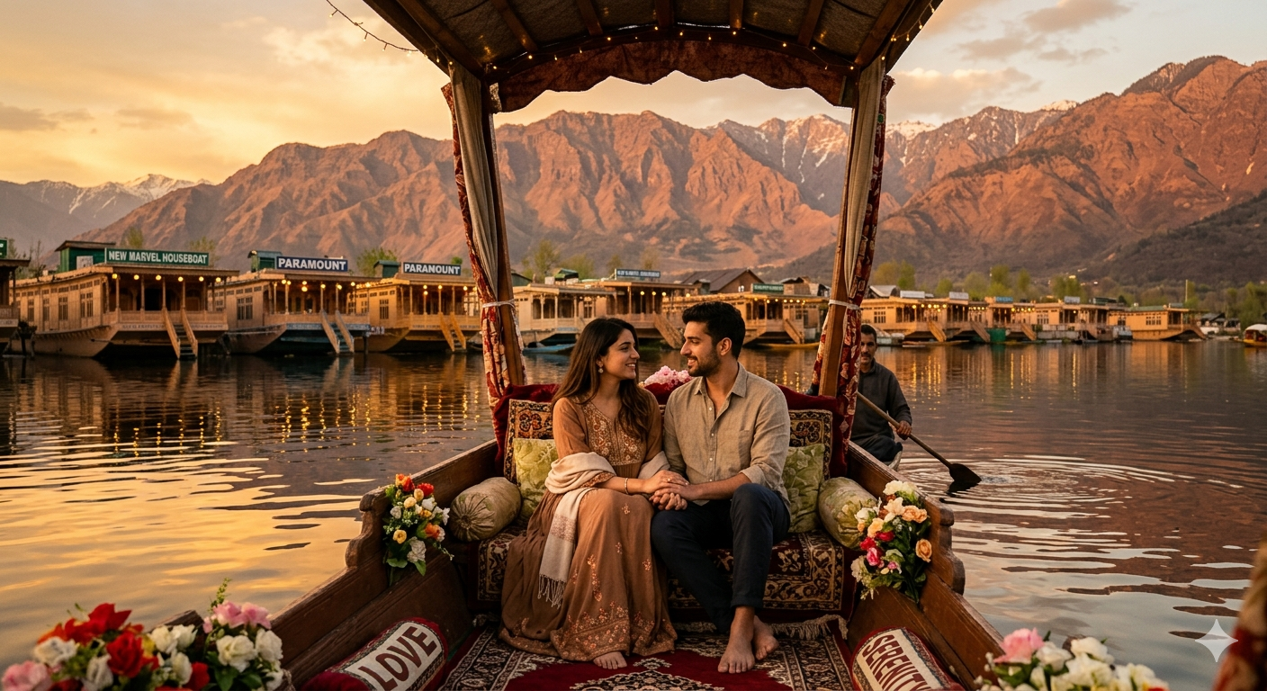 Kashmir honeymoon packages 2026 - romantic couple on private shikara at sunset on Dal Lake