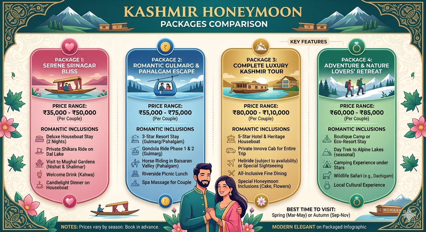 Kashmir honeymoon packages comparison showing 3-7 day options with price ranges and romantic inclusions