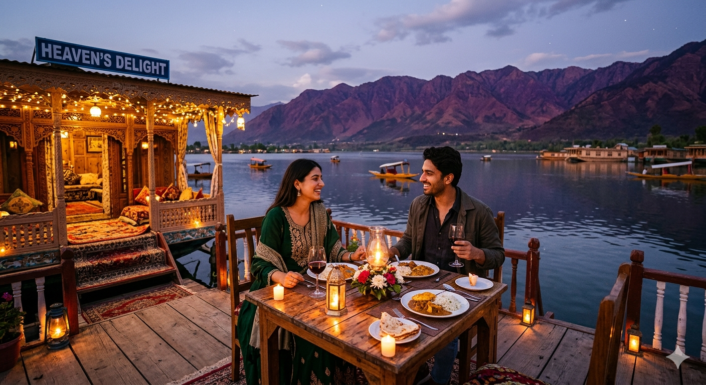Kashmir honeymoon packages - romantic candlelight dinner on houseboat with Dal Lake view