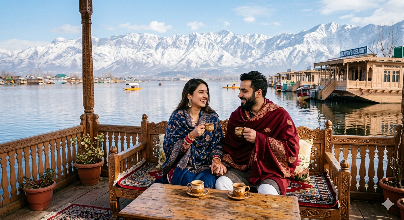 Kashmir honeymoon packages - romantic couple enjoying Kahwa on houseboat with mountain views