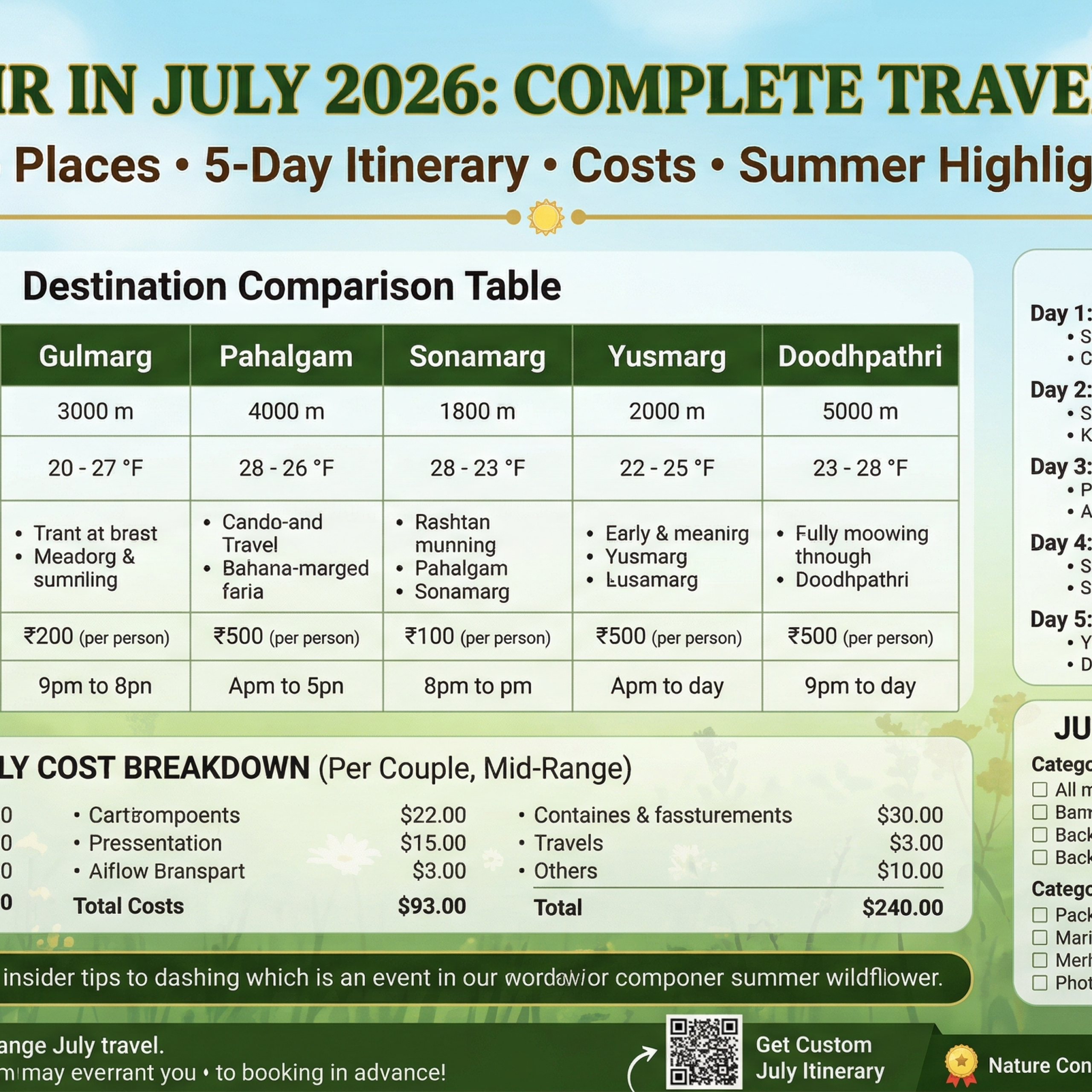 Kashmir in July 2026 destination comparison table with Srinagar 20-30°C shikara ₹600-1,000, Gulmarg 15-25°C Gondola ₹950-2,500, Pahalgam 18-28°C rafting ₹600-1,800, Sonamarg 15-22°C pony ₹1,200-2,500, Yusmarg Doodhpathri temperatures, 5-day July itinerary Day 1 Srinagar arrival shikara Day 2 gardens Day 3 Gulmarg Gondola Day 4 Pahalgam valleys rafting Day 5 Sonamarg glacier departure, cost breakdown for couple ₹55,300 total ₹27,650 per person, July packing checklist clothing protection weather gear health money, insider tips for early starts and golden hour