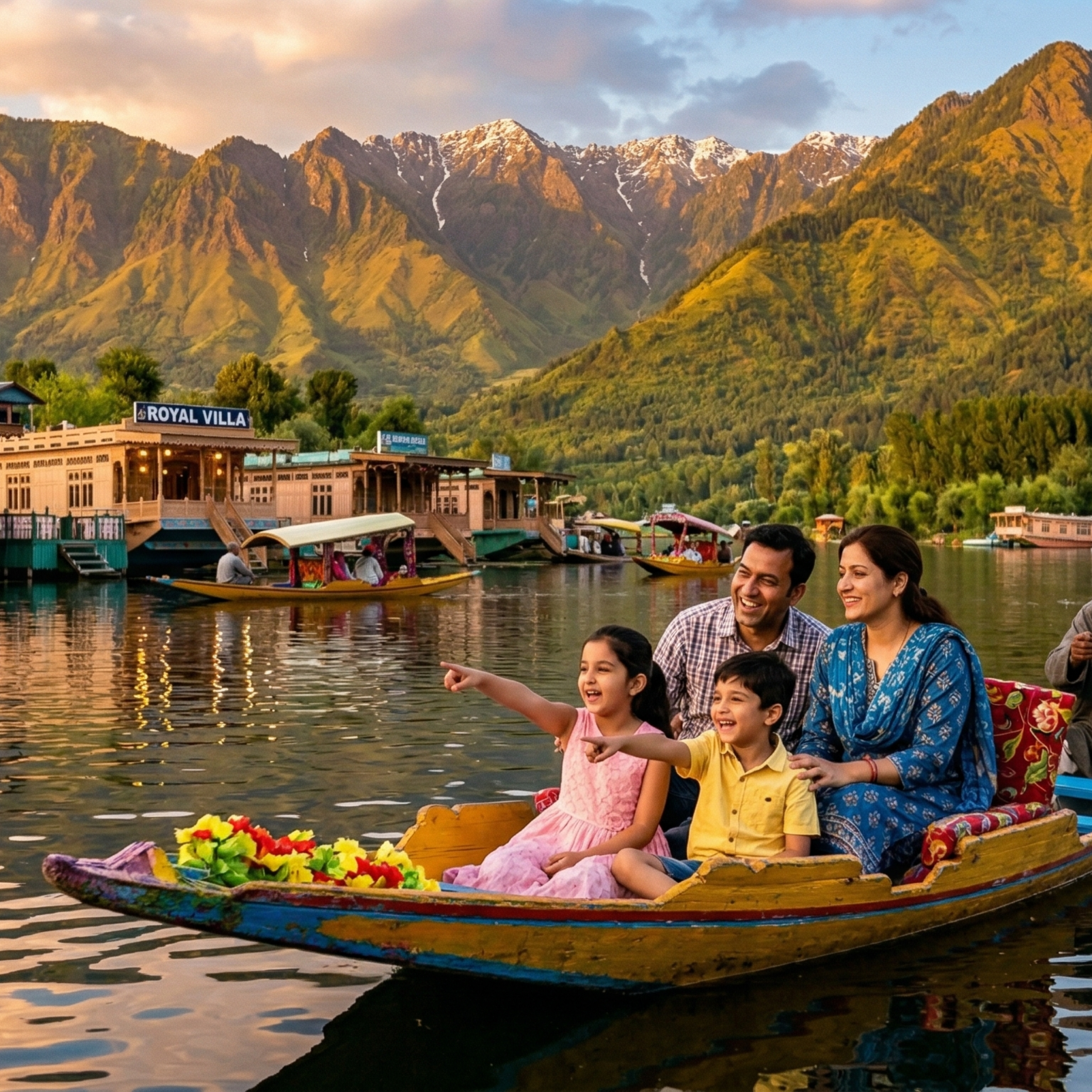 Kashmir in summer with family 2026 - happy family enjoying shikara ride on Dal Lake