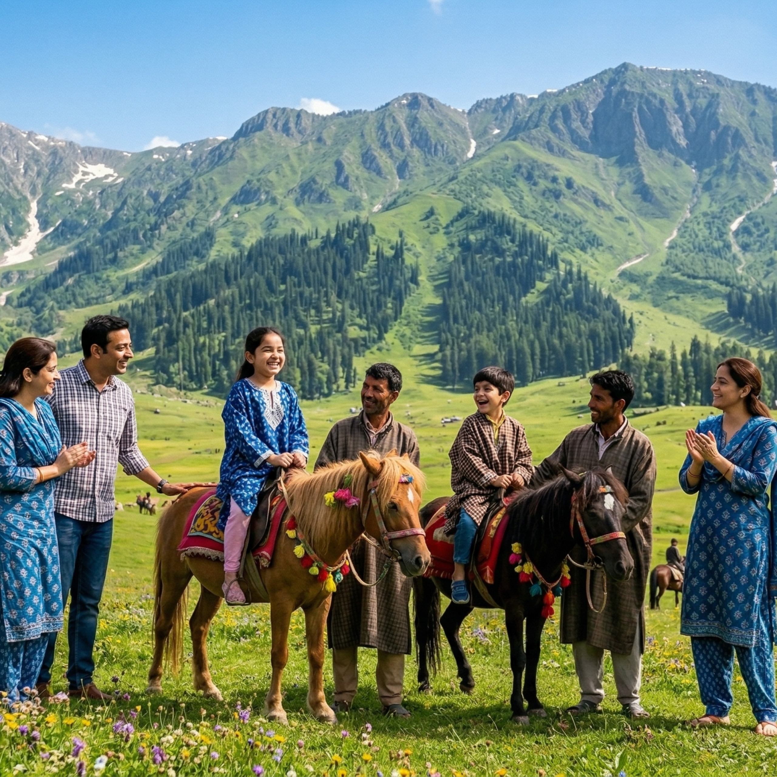 Kashmir in summer with family - children enjoying pony ride in Gulmarg meadows
