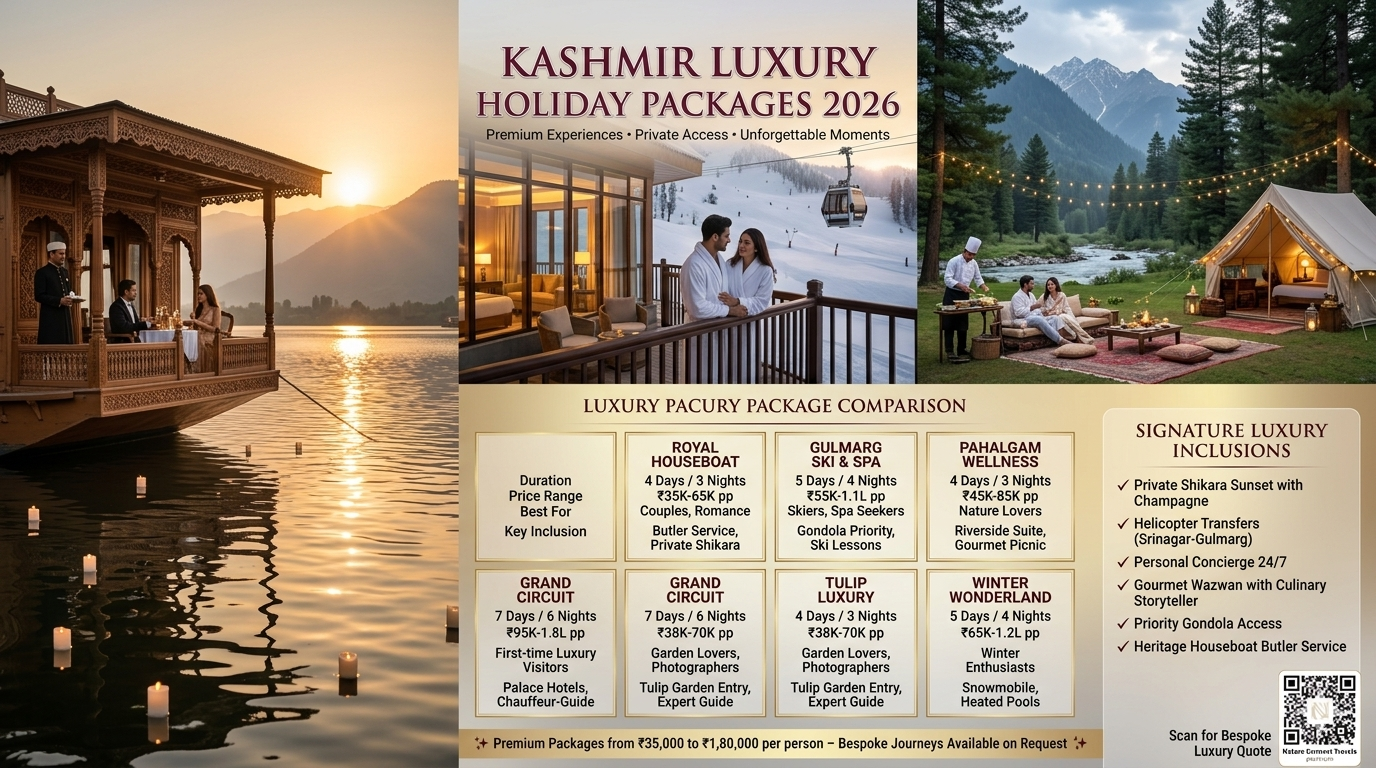 Kashmir luxury holiday packages 2026 comparison showing Royal Houseboat ₹35K-65K, Gulmarg Ski & Spa ₹55K-1.1L, Pahalgam Wellness ₹45K-85K, Grand Circuit ₹95K-1.8L, Tulip Luxury ₹38K-70K, Winter Wonderland ₹65K-1.2L, with signature luxury inclusions like private shikara, helicopter transfers, and butler service
