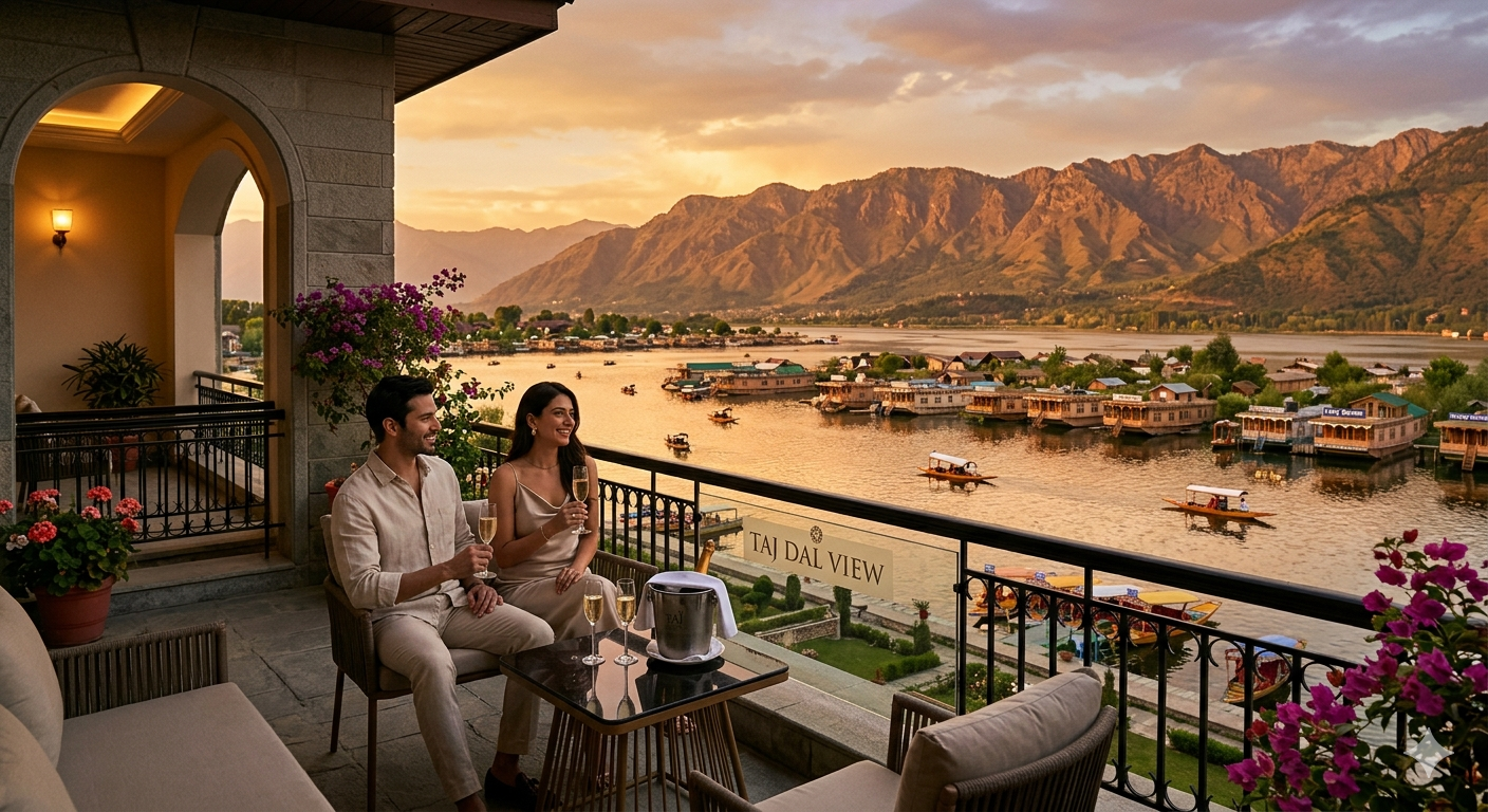Kashmir luxury holiday packages 2026 featuring 5 star Taj Dal View suite overlooking Dal Lake at sunset