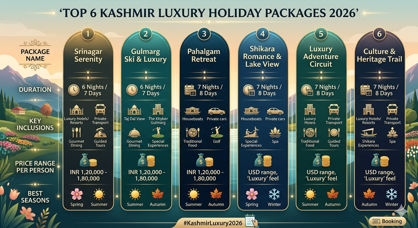 Kashmir luxury holiday packages comparison showing 6 premium packages with prices from ₹35K to ₹1.8L per person