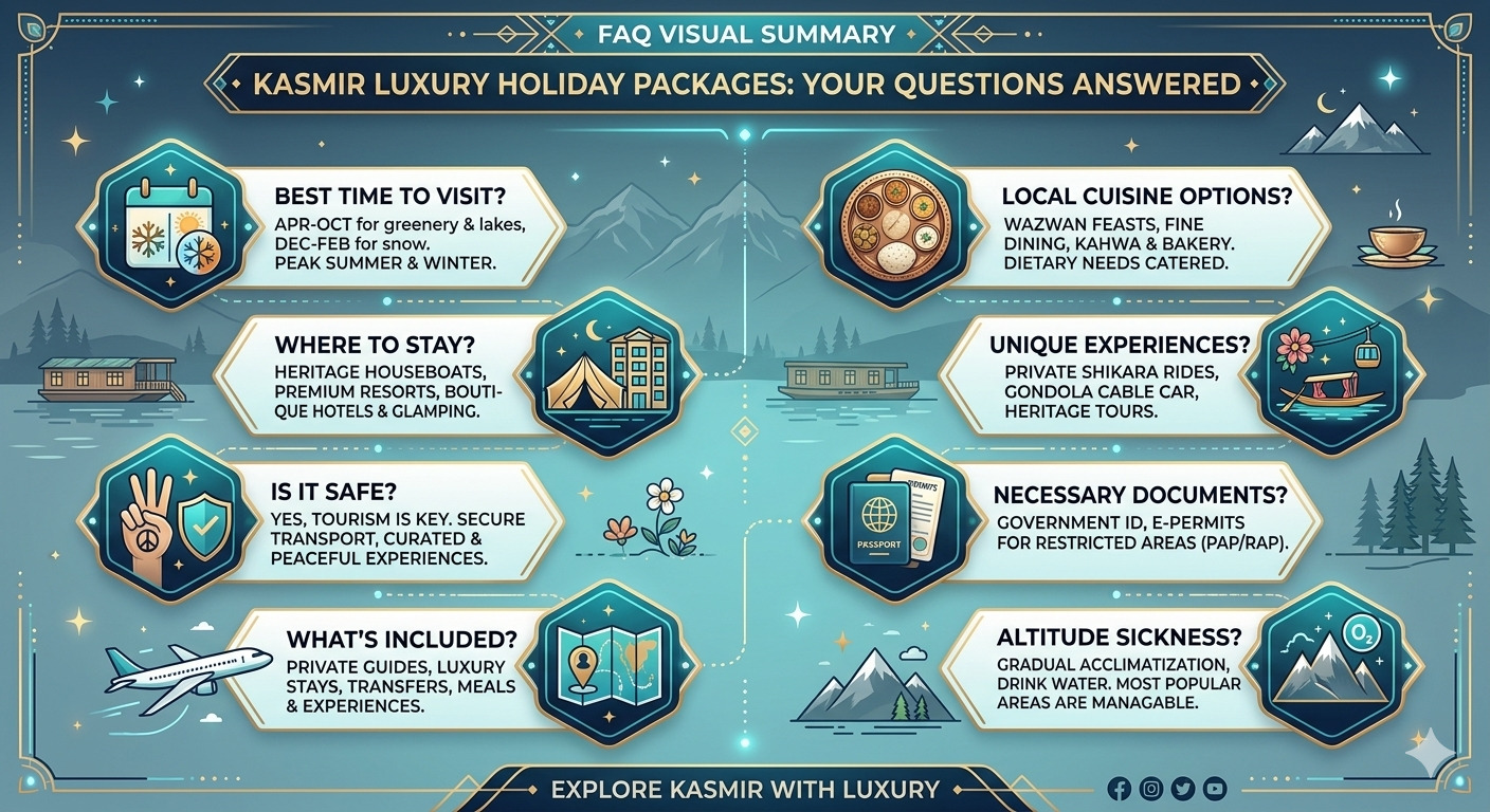  Kashmir luxury holiday packages frequently asked questions with visual answers about pricing, inclusions, best time, and customization
