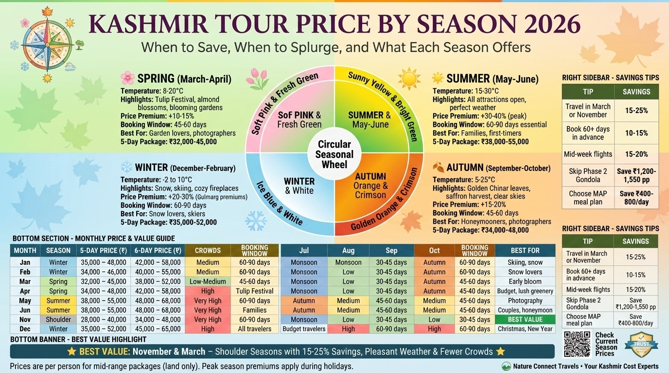 Kashmir tour price by season infographic showing spring (Mar-Apr) ₹32K-48K, summer (May-Jun) ₹38K-55K, autumn (Sep-Oct) ₹34K-48K, winter (Dec-Feb) ₹34K-52K, monthly price grid, November best value 15-25% savings, and seasonal highlights
