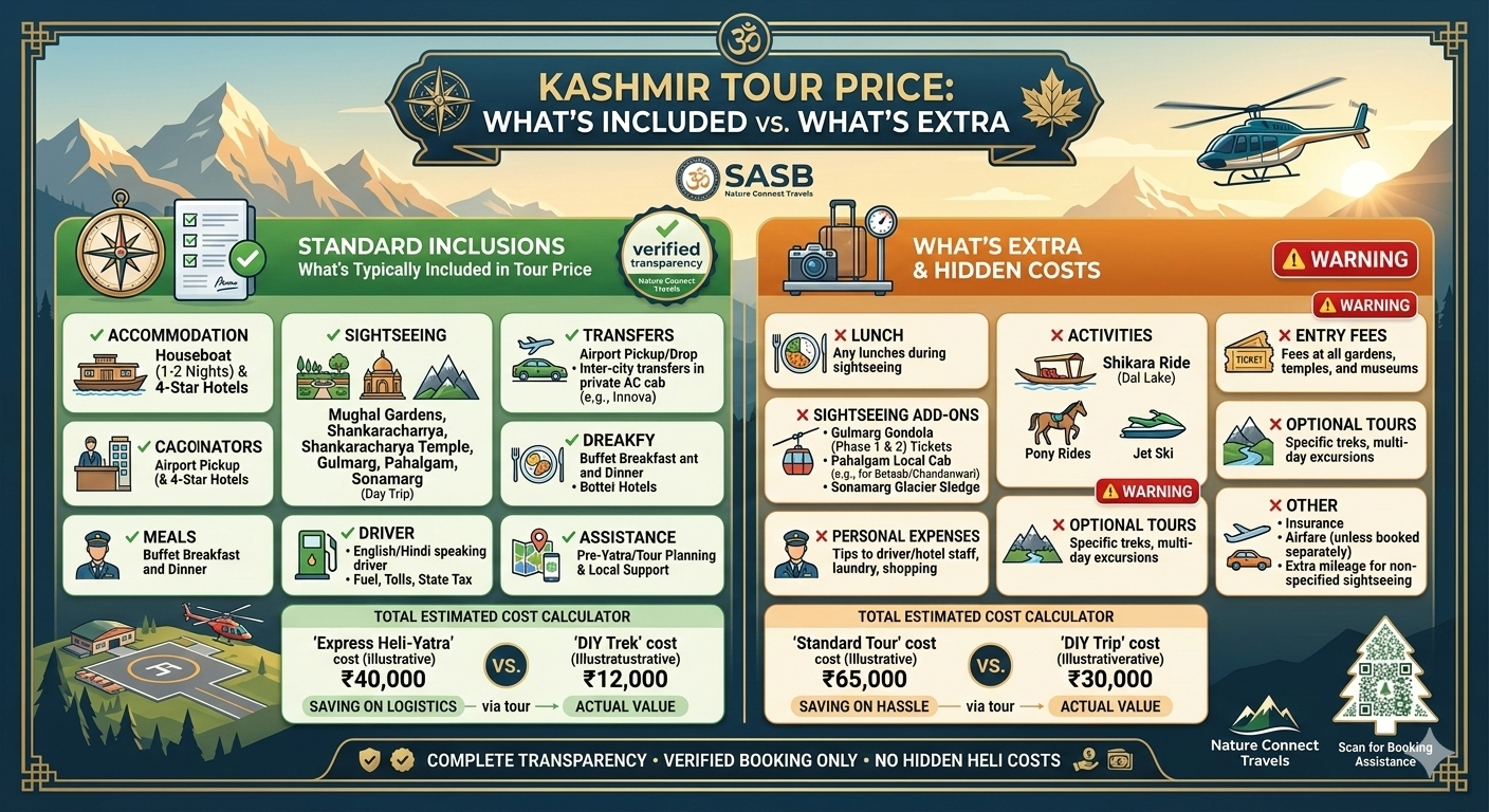  Kashmir tour price inclusion checklist showing standard inclusions vs common hidden costs like Gondola tickets, Pahalgam cabs, and pony rides