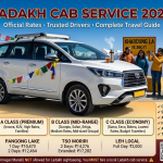Ladakh cab service 2026 guide with white SUV at Khardung La showing vehicle categories A+ Luxury A Premium B Mid-range C Economy, official route rates Nubra 2 days ₹11,807 Pangong 1 day ₹10,470 2 days ₹12,464 Tso Moriri 2 days ₹14,276 Leh local full day ₹3,000, night halt charges ₹385 AC ₹9km, trusted drivers Yangjor Murup Namjal, critical rule outsider taxis not allowed for Ladakh sightseeing