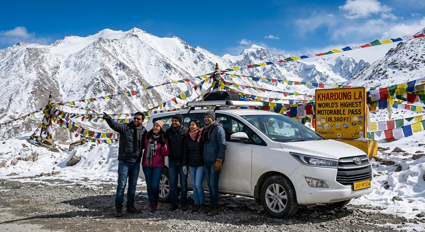 Ladakh Cab Service 2026: Official Rates, Packages & Trusted Drivers 7 Ladakh cab service 2026 - white SUV at Khardung La pass with travelers and prayer flags
