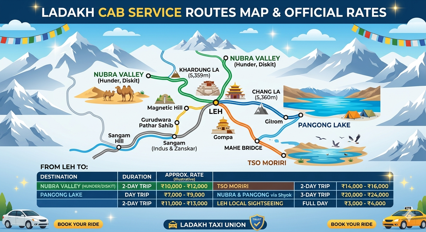 Ladakh Cab Service 2026: Official Rates, Packages & Trusted Drivers 10 Ladakh cab service route map with official 2026 taxi rates for Nubra, Pangong, Tso Moriri circuits