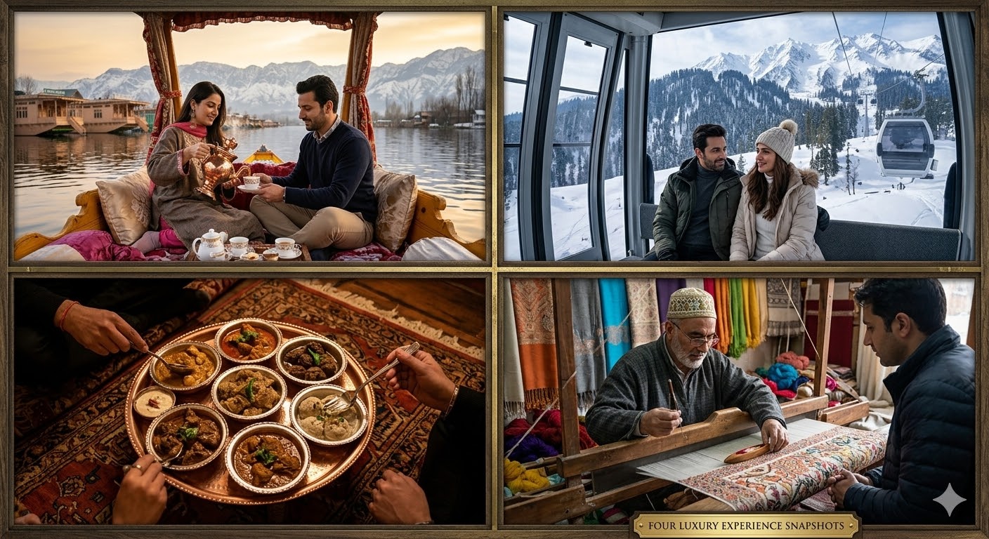 Luxury Kashmir experiences including private shikara, Gulmarg Gondola, gourmet Wazwan dinner, and artisan craft visit
