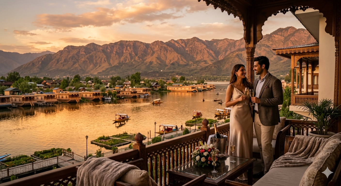 Luxury Kashmir package 2026 - 5-star Taj Dal View suite overlooking Dal Lake at sunset