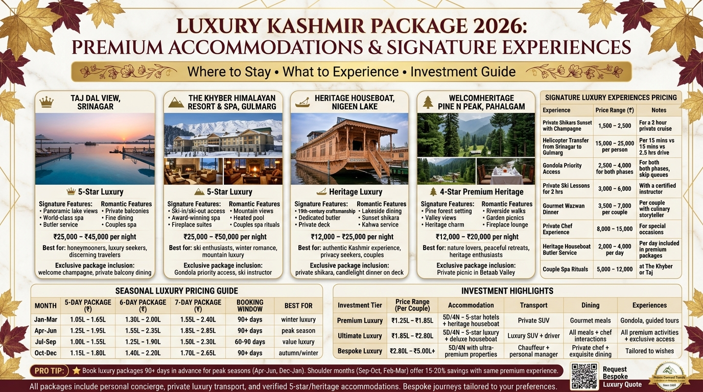 Luxury Kashmir package 2026 premium accommodations Taj Dal View ₹25K-45K per night, The Khyber ₹25K-50K, Heritage Houseboat ₹12K-25K, WelcomHeritage Pine N Peak ₹12K-20K, signature experiences pricing private shikara ₹1.5-2.5K, helicopter transfer ₹15-25K, Gondola priority ₹2.5-4K, private ski lessons ₹3-6K, gourmet Wazwan ₹3.5-7K, seasonal luxury pricing, investment tiers Premium ₹1.25L-1.85L Ultimate ₹1.85L-2.80L Bespoke ₹2.80L-5L+